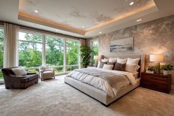 Spacious master bedroom with large windows