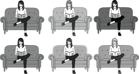 Obraz premium Cartoon girl reading book on sofa in multiple styles, relaxing and studying, black and white illustration for design and education projects