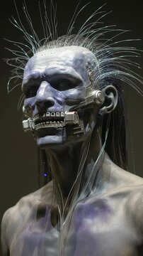Futuristic dark sci fi concept featuring cyborg alien technology with mechanical implants and eerie wires extending from robotic