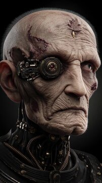 Cyborg human mechanical eye alien features detailed skin texture scars fusion blend technology futuristic dark setting organic