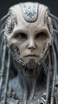 Human face merged with alien mechanical implants and cybernetic details showing futuristic technology and mechanical implants