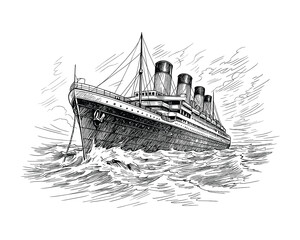 Titanic Ocean Liner Illustration, Ink Drawing Style, Maritime Vessel, Detailed Hatching, Vector Illustration