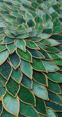 Close-up view of a textured design.  Layered, overlapping emerald and teal green leaf-like shapes, with gold trim.  Intricate pattern creates a spiral effect.  Delicate and detailed