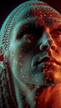Digital human face glowing dots lines creating abstract alien futuristic art with mysterious expression and technology concept