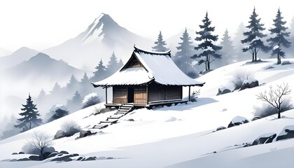 Fototapeta premium Tranquil winter landscape showcasing a cabin and snow-capped mountains, rendered beautifully in watercolor