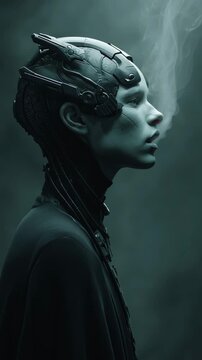 Human alien cyborg with cybernetic enhancements exhales smoke in dark futuristic technology setting blending mysterious elements