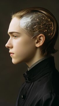 Human profile with futuristic brain circuit implant glowing inside head showing advanced technology aliens concept digital
