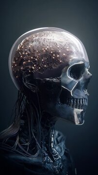 Skull with glowing circuit brain and wires resembling alien technology futuristic design in dark transparent head background