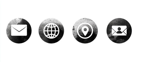 Four circular contact icons with textured backgrounds.  White icons of email, globe, location pin, and email with profile, on dark gray circles with mottled, watercolor-like texture