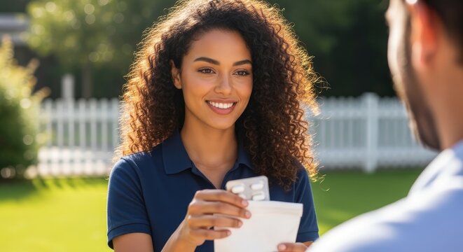 A woman holding a prescription pill and an envelope in her hands.
