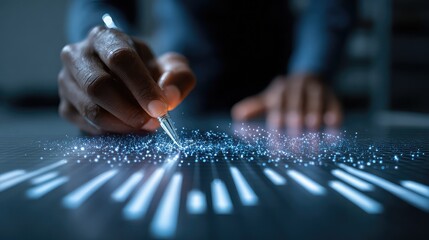 Precision analytics and data visualization with a focused hand guiding glowing digital insights and futuristic financial charts, symbolizing innovation and growth