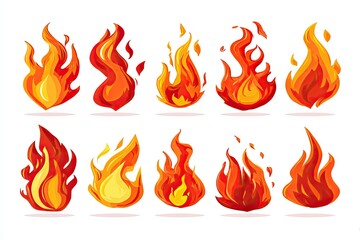 Cartoon fire icons set.  Various stylized flames in different shapes and sizes, vibrant red and orange hues,  against a white background.  Each flame has a shadow.  Ideal for graphic design
