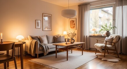 Cozy living room with a comfortable sofa, wooden coffee table, and warm ambient lighting, creating a welcoming atmosphere.