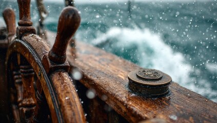 Wooden ship's wheel in stormy seas