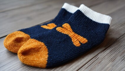 Pair of child's socks.  Close-up of two ankle socks, navy blue with orange accents and white trim.  A stylized bone design is on the socks.  Wooden background