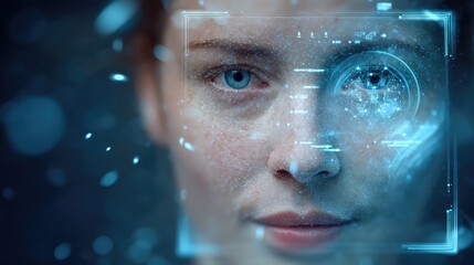 Futuristic biometric scan captures human eye with glowing digital overlay and data points, representing advanced security and AI integration