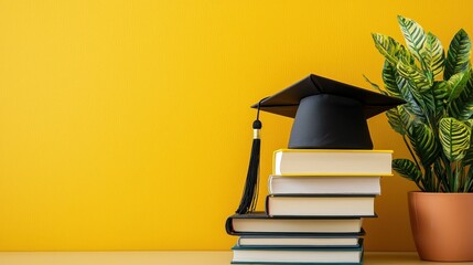 A graduation cap and books on a yellow background. The academic concept of education and learning. The image emphasizes the importance of education and the achievement of academic goals.