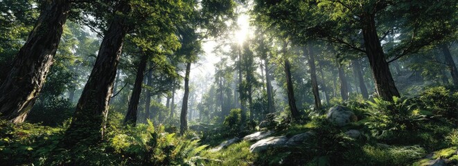 Obraz premium Sunlight filtering through a dense forest. Lush greenery and towering trees create a mystical atmosphere