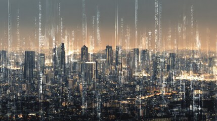 Dynamic cityscape infused with glowing digital data streams at twilight, representing global connectivity and advanced technology.