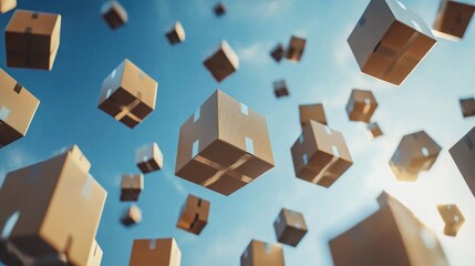 A group of cardboard boxes floating in the sky with a blue sky background.