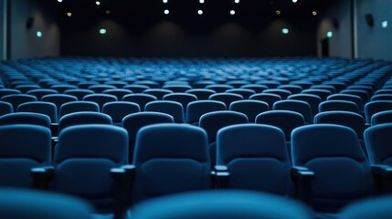 Empty movie theater with rows of blue seats and a dark background.