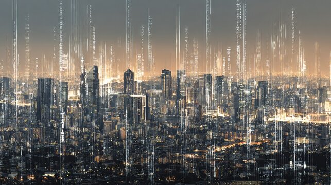 Dynamic cityscape infused with glowing digital data streams at twilight, representing global connectivity and advanced technology.