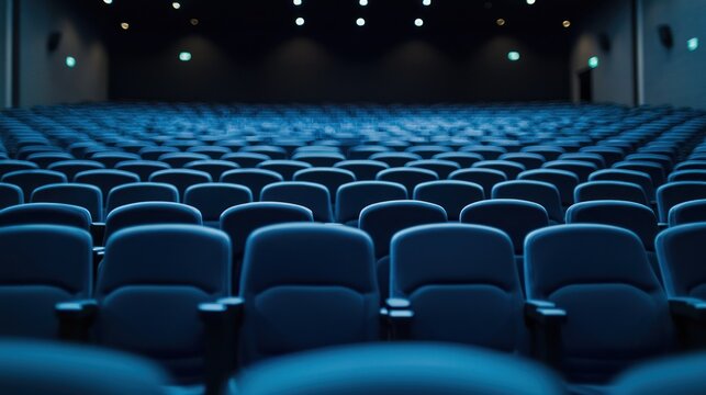 Empty movie theater with rows of blue seats and a dark background.