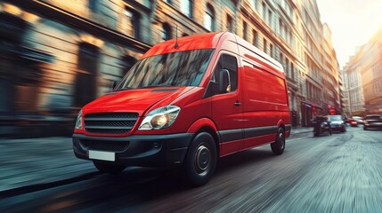 A red delivery van driving through a city street. The vehicle concept of transportation is evident. The urban setting suggests a business or delivery context.