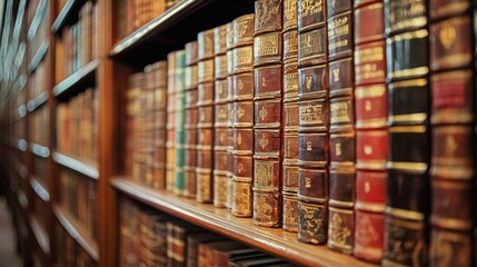 A row of old, ornate leather-bound books on a wooden shelf in a library.