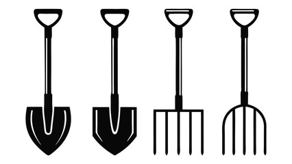 Black graphic illustration of garden tools shovel spade