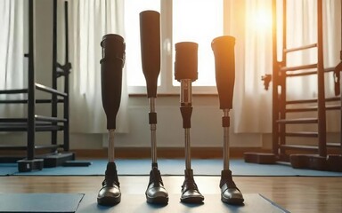 Innovative prosthetic legs displayed in a bright training facility, highlighting advancements in adaptive technology and human resilience