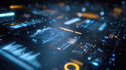 Dynamic futuristic digital interface with glowing lines and data visualization creating a modern tech design with abstract bokeh effects
