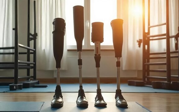 Innovative prosthetic legs displayed in a bright training facility, highlighting advancements in adaptive technology and human resilience