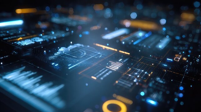 Dynamic futuristic digital interface with glowing lines and data visualization creating a modern tech design with abstract bokeh effects