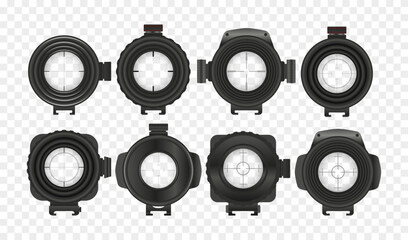 Set of realistic weapon sight, sniper rifle optical scope. Hunting gun viewfinder with crosshair. Aim, shooting mark symbol, telescopic sight, Military target sign with binoculars for ui game. © vesvocrea