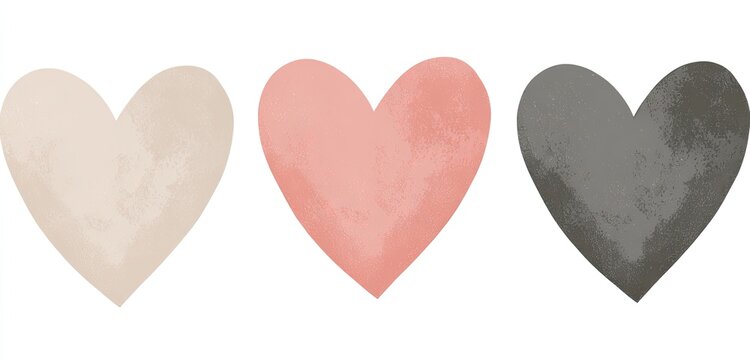 Three watercolor hearts in beige, rose, and gray