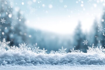 Snowy winter scene with falling snowflakes.  Soft-focus background of frosted trees and a light-blue sky.  Snowdrifts in foreground