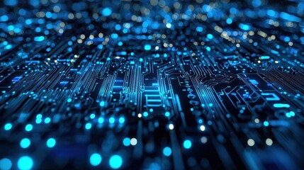 A complex circuit board with blue and white lights, representing technology and engineering concepts.
