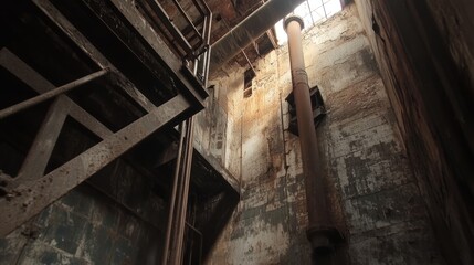 Rusted Pipes and a Metal Structure in an Abandoned Building