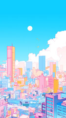 Fototapeta premium 昼間の明るい陽光を浴びて輝く日本の高層ビル群と都市の街並みを描いたイラスト。爽やかで洗練された都会の雰囲気が魅力で、商業広告、観光ガイド、SNS、壁紙、ポスター、企業サイトのビジュアルなどに適する。