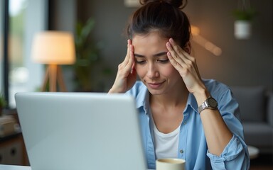 Focused young businesswoman looking at laptop pc computer screen having headache, migraine. Latin business woman holding hand near temples, feeling stressed and tired sitting at workplace in office