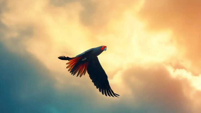 Majestic palm cockatoo soaring through a vibrant sky, its silhouette beautifully contrasting