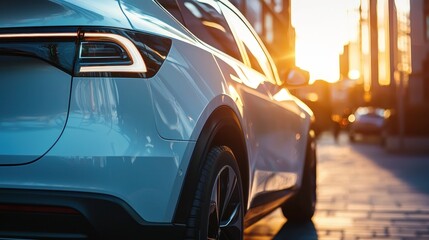 A sleek, modern electric SUV parked on a city street at sunset, with its headlights illuminated, reflecting the urban environment.