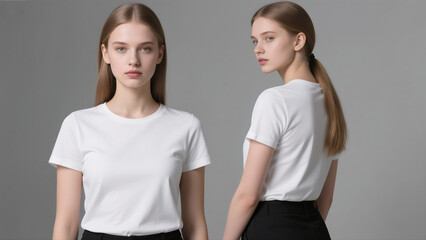 Young woman in a white short-sleeve t-shirt showcasing front and back views with head turned on a grey studio background.