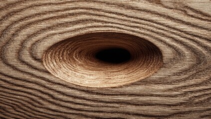 Close-up of a wood plank with a circular hole.  Wood grain patterns radiate around the dark opening.  Natural tones of light and dark brown