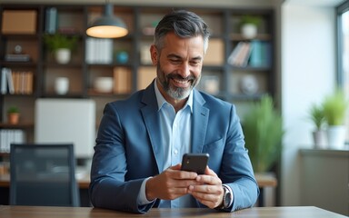 Smiling mature Latin or Indian businessman holding smartphone in office. Middle aged manager using cell phone mobile app. Digital technology application and solutions for business success development.
