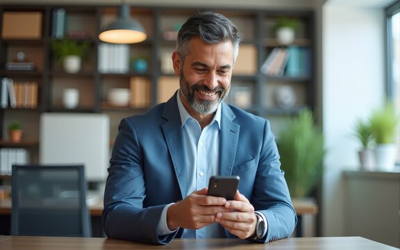 Smiling mature Latin or Indian businessman holding smartphone in office. Middle aged manager using cell phone mobile app. Digital technology application and solutions for business success development. - Powered by Adobe