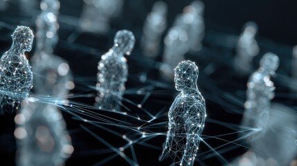 Human digital network representing interconnectedness, AI, and data visualization, conveying innovation and technological advancements in a futuristic setting