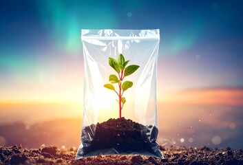 surreal illustration of a plastic bag encasing a growing plant