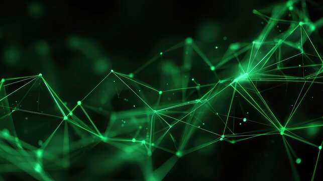Dynamic green network of interconnected lines and glowing nodes symbolizing technology, innovation, and data flow on black background